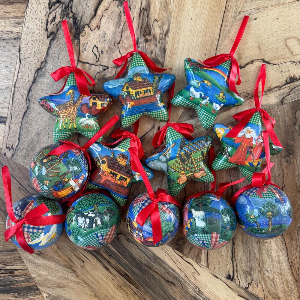1996 Noah's Ark Christmas Ornaments Set of 12 Star and Ball Shaped Vintage Bible